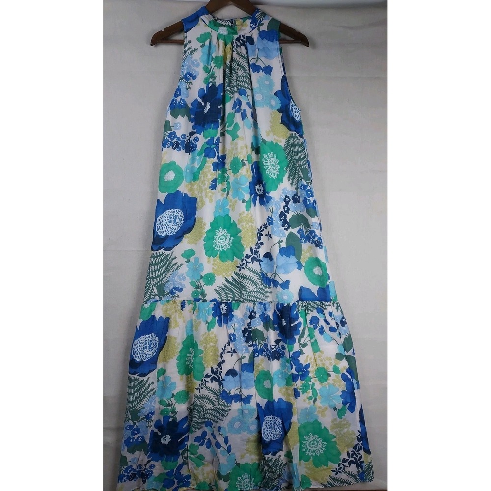 Jade Melody Tam Womens Medium Floral Maxi Dress Sleeveless Halter Blue Green